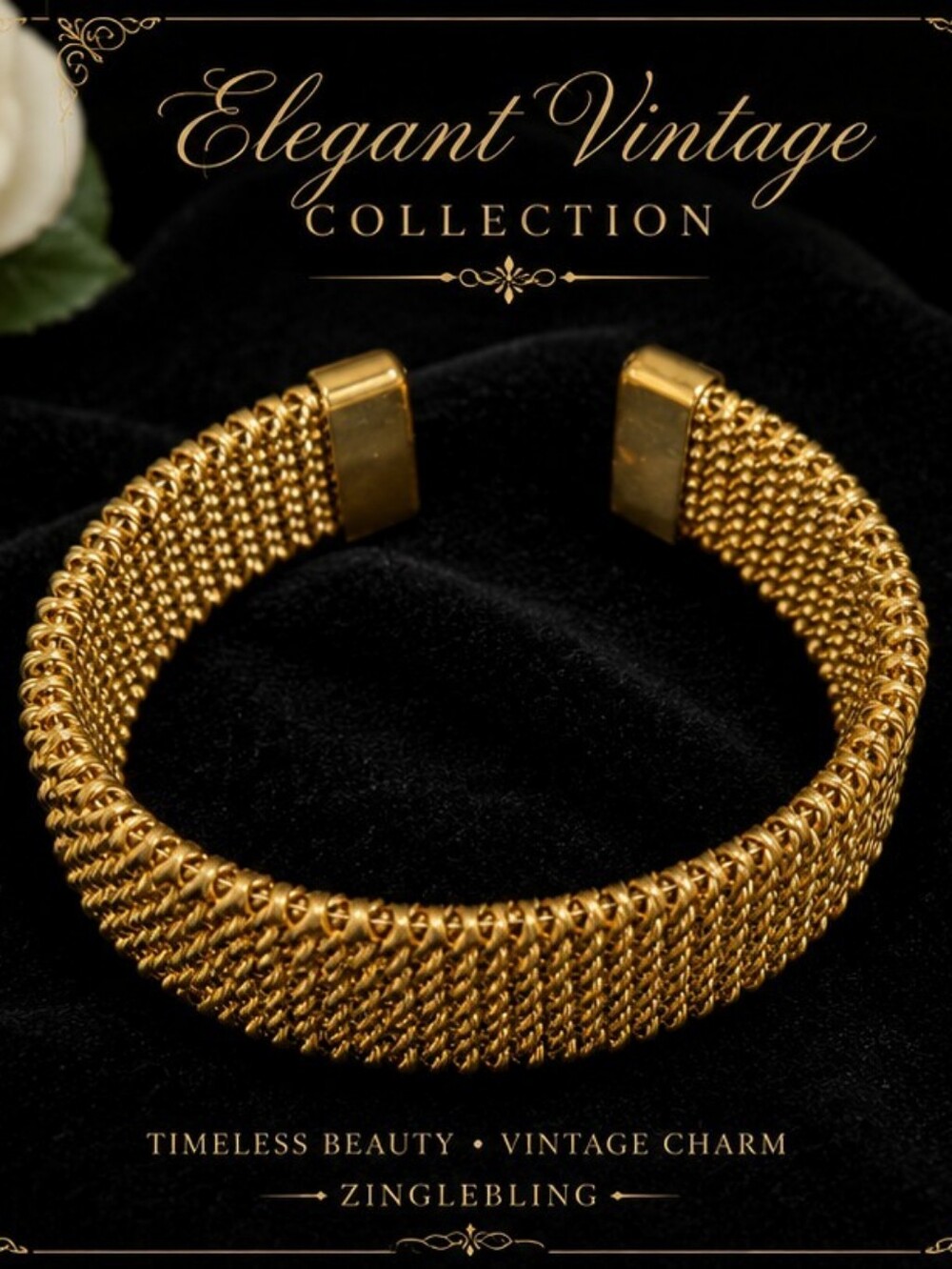 Vintage Gold Tone Wide Mesh Cuff Bracelet Woven Open Bangle Fits Up To 8.5 Inch - Picture 4 of 10